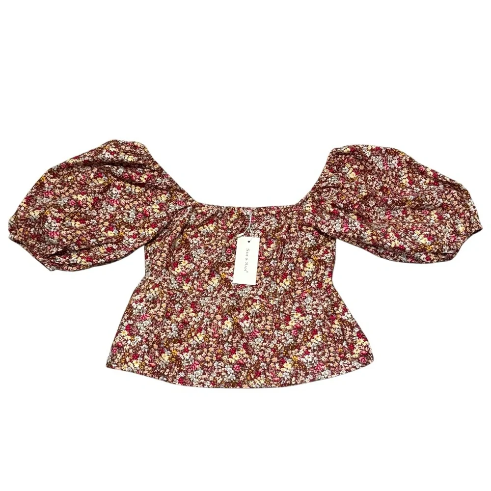 Sim & Sam Cropped Floral Halter Women Size Medium Balloon Sleeve Top NWT - Picture 1 of 9